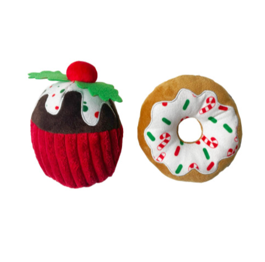 Christmas Donut & Pudding Soft Dog Toy (2-Piece Set)